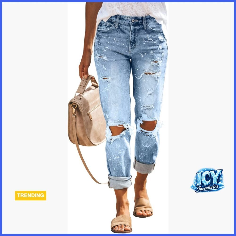 Ripped Mid Waisted Boyfriend Jeans Loose Fit Distressed Stretchy Denim Pants